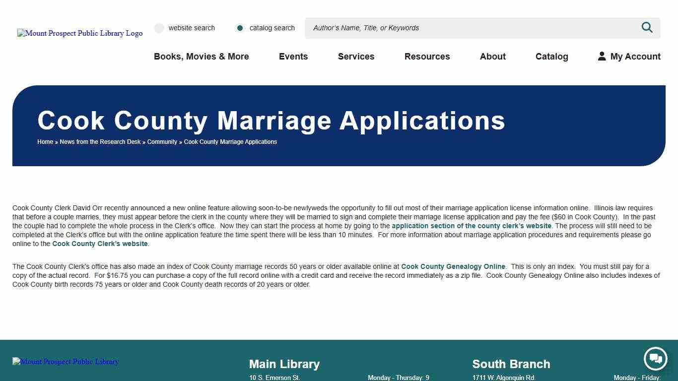 Cook County Marriage Applications - Mount Prospect Public Library